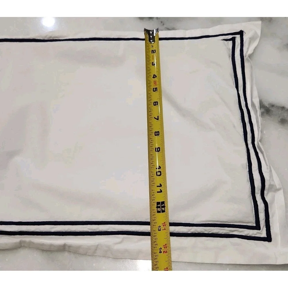 RESTORATION HARDWARE RH 22x15in White Navy Italian Hotel Satin Stitch Boudoir